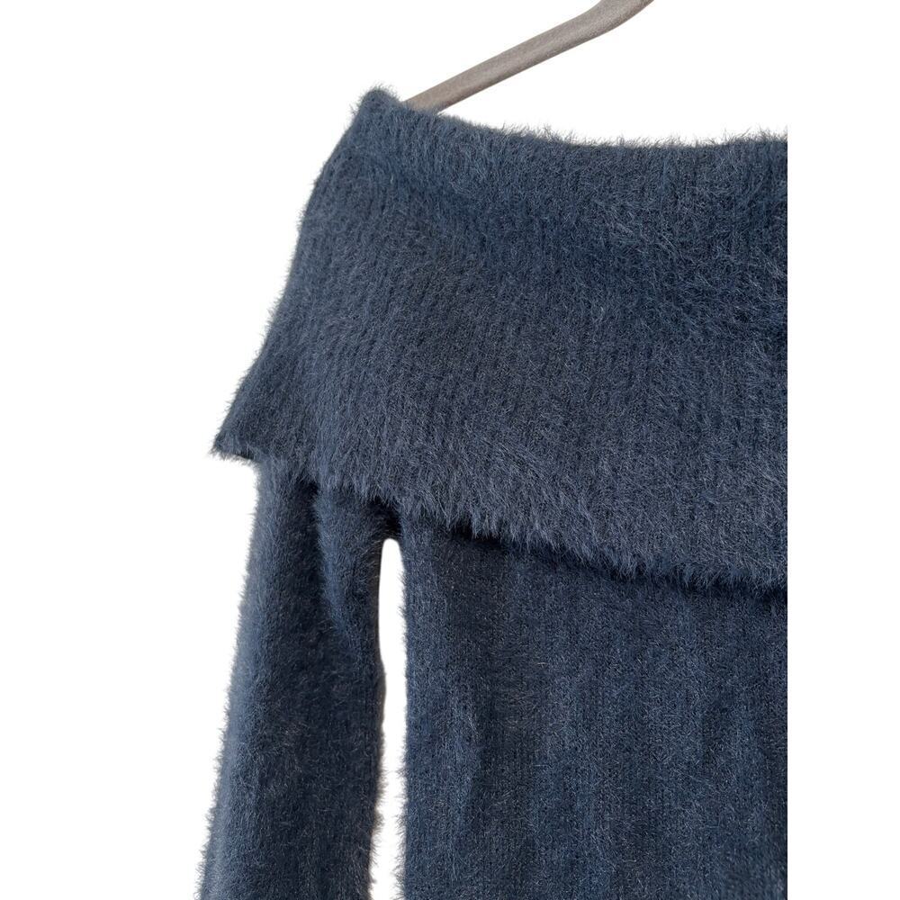 The Workshop Off Shoulder Eyelash Knit Sweater Women’s Blue Fuzzy Soft Pullover - Picture 6 of 7